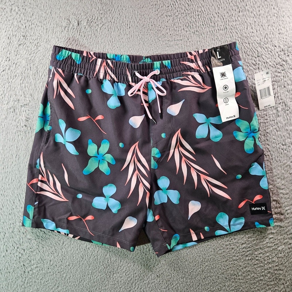 NWT Hurley Board Shorts Swim Trunks Men Large No Liner Floral‎ Leaf Print Gray